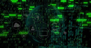 Siberuzaydaki simgeleri ve kod parçalarını akış ikili kodlarıyla birleştiren kablo çerçevesi gösteriliyor. Teknoloji, siber güvenlik, veri, dijital, ağ, yenilik, bulut hesaplama