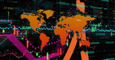 Piyasa verilerini gösterge panelinde şamdanlar, trend çizgileri ve oklarla kaplayan dünya haritası gösteriliyor. Finans, analitik, görselleştirme, teknoloji, ticaret, yatırım, ekonomi