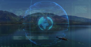Alp Gölü 'nün üzerinde dijital veri yansıtan holografik kürede turistler kürek çekiyor. Fütürist, dijital, veri görselleştirme, dinginlik, keşif, macera, doğal