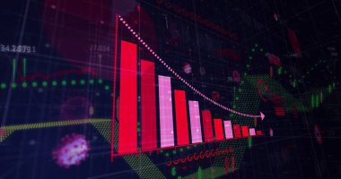 Çubuk çizelgesi oku, şamdanlar, virüs simgeleri ve dünya örgüsüyle şebeke içinde iniyor. Veri, analitik, görselleştirme, teknoloji, dijital, gelecekçi, bilim