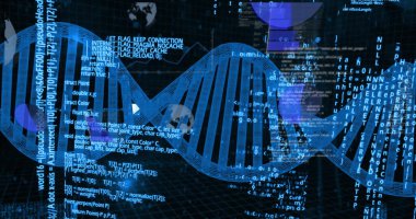 Süzülen 3D mavi DNA sarmalı karanlık dijital şebeke düzleminde, programlama kodu parçalarıyla birlikte. Bilim, biyoteknoloji, dijital, yenilik, fütüristik, veri, soyut