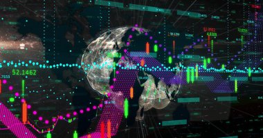 Karanlık veri şebekesinde süzülen, şamdanlar ve trend çizgileri gösteren 3 boyutlu Dünya küresi görülüyor. Finansal ölçümler, veri görselleştirme, teknolojik, yatırım, ekonomik, analitik, fütüristik