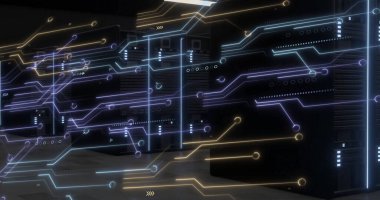 Veri merkezinde kablolar ve zemin fayanslarıyla parlayan veri yollarını gösteren sunucu rafları gösteriliyor. Teknoloji, altyapı, siber güvenlik, dijital, ağ, fütürizm, sanayi