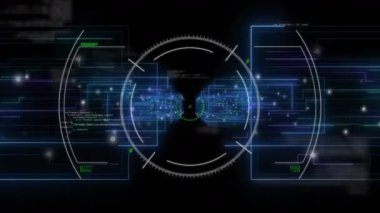 Çapraz tarama başlatılıyor kod panelleri ve HUD halka kaydırma, tarama sırasında boş duruma darbeler. Futuristik, teknoloji, dijital, arayüz, animasyon, kullanıcı, siber