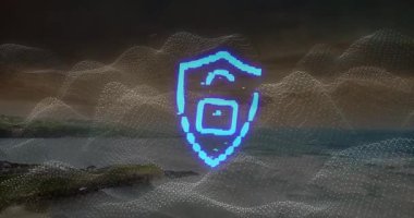 Dalgalar sürükleniyor neon mavisi kalkanların solmasına ve sembollerin asma kilide dönüşmesine neden oluyor. Teknoloji, siber güvenlik, dijital, yenilik, koruma, fütüristik, soyut