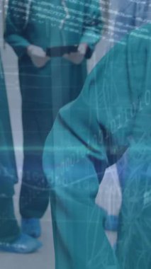 Çeşitli doktorlar üzerinde finansal veri işleme animasyonu. Küresel finansman, ilaç ve dijital arayüz kavramı dijital olarak oluşturulmuş video.