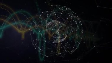 Veri senkronizasyonu için titreşen yeşil ve kehribar dalga boyu kavisleri ile dönen 3D ağ küresinin açılışı. Dijital, yenilik, teknoloji, fütüristik, soyut, bağlantı, siber uzay