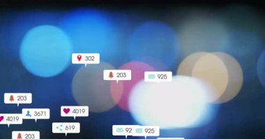 Görünürdeki, yüzen ve güncellenen bildirimlerle bulanık bokeh arkaplan çarpışma sayıları. Dinamik, canlı, dijital, bilgi, teknoloji, fütüristik, soyut