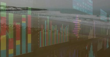 Dalgalar sahile vuruyor veri tablolarına başlıyor finansal eğilimleri göstermek için kayan kaydırma tablosu. Analizler, görselleştirme, bilgi grafikleri, finans, veri, teknoloji, tasarım