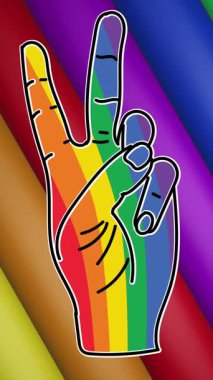 Gökkuşağı eli animasyonu. Zafer işareti, çizgiler ve renklerle kusursuz döngü üzerinde hareket ediyor. Gurur ayı, lgbtq, insan hakları ve eşitlik kavramı dijital olarak oluşturulmuş video.