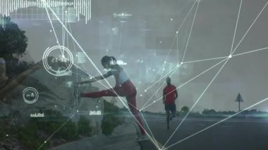 Duraklatılıyor, pervazda dinleniyor, animasyon HUD izleme fitness ölçüm eşleşmesi verileri etkinleştiriliyor. Atletik, fitness, teknoloji, açık hava, macera, kararlılık, dayanıklılık