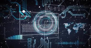 Dairesel HUD oluşumunu başlatırken karanlık ızgara zayıflıyor, rakamlar kayıyor ve canlı verileri güncelliyor. Futuristik, teknoloji, görselleştirme, arayüz, dijital, veri, analiz