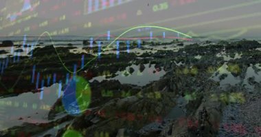 Yeşil eğri şamdanlarda solup turta oluşturan çubuklar oluşturan kayalardaki verileri güncelleyen titreşimler. Deniz manzarası, veri görselleştirme, animasyon, finans, analitik, doğal ortam, dinamik