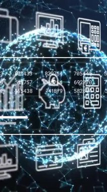 Mavi arkaplan ile bağlantılı ağ üzerindeki çoklu dijital simgelerin animasyonu. Küresel ağ ve iş arayüzü teknolojisi kavramı