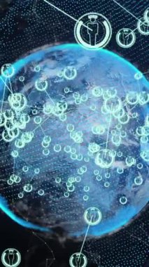 Bağlı simgelerin dünyanın dört bir yanındaki siyah arkaplanla bağlantılı noktaların animasyonu. Dijital olarak üretilmiş, hologram, illüstrasyon, aydınlanma, iletişim ve küreselleşme kavramı.