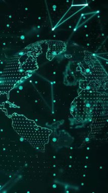 Siyah arkaplandaki noktalar üzerinden dünya ile bağlantı ağının animasyonu. Dijital olarak oluşturulmuş küresel bağlantılar, bilgisayar ve dijital arayüz kavramı.