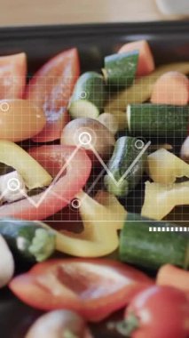 Tabladaki taze sebzelerin üzerine çizelgeler ve çizelgeler. İstatistikler, analitik, büyüme, veri, sağlıklı, eğilimler