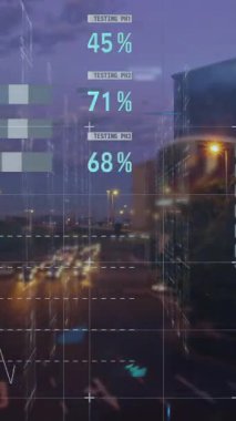 Rüzgar türbinleri üzerinde istatistik ve veri işleme animasyonu. Küresel işletme finansmanı ve dijital arayüz kavramı dijital olarak oluşturulmuş video.