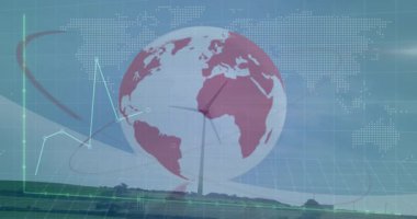 Harita örtülmesi başlatılıyor türbin, dönen yörünge taraması ve grafik canlandırma verileri. Yenilenebilir, sürdürülebilirlik, teknoloji, veri görselleştirme, yenilik, temiz enerji, dijital