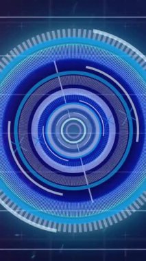 Mor zemin üzerinde istatistiksel veri işleme üzerinde dönen neon yuvarlak tarayıcının animasyonu. Bilgisayar arayüzü ve iş veri teknolojisi kavramı