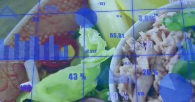 Tablolar yüzdeleri güncellerken ve ton balığı kasesine yakınlaşırken mavi ızgara salatanın üzerinde beliriyor. Salata, analitik, veri görselleştirme, sağlıklı beslenme, beslenme, modern tasarım, ticari mutfak