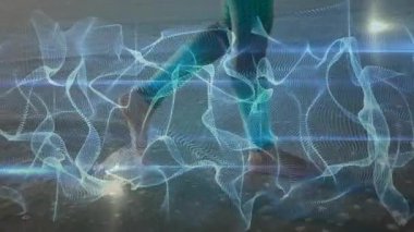 Fitness yürüyüşçüsü ayağını suyun üzerinden kaldırıyor parlayan ağ örtüsünü oluşturuyor ve sağlık ölçümlerini takip ediyor. Minimalist, gelecekçi, teknoloji, sağlık, refah, hareketlilik, su