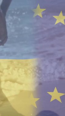 Ukrayna ve eu sahile vuran suyun üzerinde bayrak sallıyor. sembolizm, vatanseverlik, kıta, hareket, mavi, dalgalar