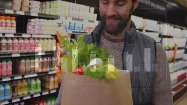 Alışveriş yapan kişi elinde alışveriş torbalarıyla market koridoruna giriyor ve elinde perakende analiz çizelgeleri var. Perakende, tüketici, pazarlama, yenilik, teknoloji, veri görselleştirme, ticari