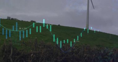 Tepenin yamacında, rüzgar enerjisini gösteren verilerle dönen türbin bıçakları görülüyor. Yenilenebilir enerji, teknoloji, sürdürülebilirlik, çevre, veri, görselleştirme