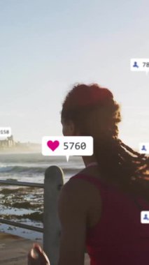 Deniz kenarında koşu yapan bir kadın için sosyal medya nişan animasyonu. Spor, sağlık, egzersiz, egzersiz, açık hava, etkinlik