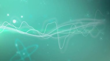 Başlangıçta beyaz dalga biçimi eğrileri, sinyal değişimini gösteren deniz mavisi arkaplanı boyunca dalgalanıyor ve şekilleniyor. Soyut, hareket, teknoloji, dinamik, dalga biçimi, fütüristik, dijital