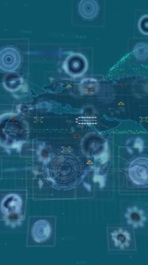 Simgelerle bağlantı ağı üzerinden veri işleme ile dünya haritasının animasyonu. Küresel teknoloji, bilgisayar ve dijital arayüz kavramı dijital olarak oluşturulmuş video.