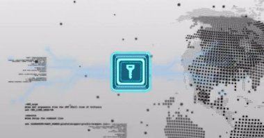 Parlayan anahtar simgesi titreşimlerinde, matris küre dönüşünde, kod kaydırma veri filtrelemesinde. Teknoloji, siber güvenlik, veri, dijital, yenilik, ağ oluşturma, geleceksel