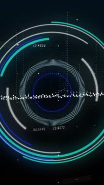 Animation of neon round scanner and data processing against black background. Computer interface and business data technology concept
