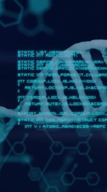 Mavi altıgen desenler üzerinde DNA ipliği ve bilimsel veri işleme animasyonu. Bilim, genetik, biyoteknoloji, analiz, moleküler, araştırma