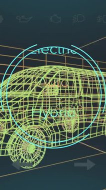 Melez araç arayüzündeki hız göstergesi ve güç durum verilerinin animasyonu, 3d 'den fazla minibüs modeli. Ulaşım ve teknoloji, mühendislik tasarımı ve dijital arayüz konsepti dijital olarak oluşturulmuş video.
