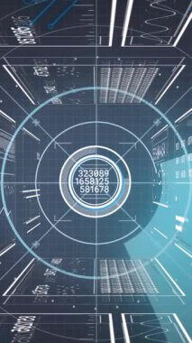 Mavi arkaplan ile veri işleme arayüzü üzerinde yuvarlak tarayıcının animasyonu. Bilgisayar arayüzü ve iş teknolojisi kavramı