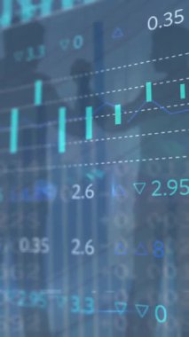 Animation of stock market data processing over silhouette of two businessmen holding hands. Global economy and business technology concept