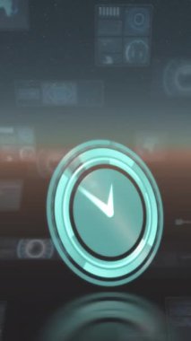 Neon dijital saat, mavi arkaplanda çoklu yuvarlak tarayıcı ve veri işleme sistemlerine karşı işliyor. bilgisayar arayüzü ve teknoloji kavramı