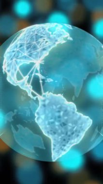 Bilgisayar sunucuları tarafından tüm dünyada dijital veri işleme animasyonu. Dijital olarak oluşturulmuş küresel bağlantılar, hesaplama ve veri işleme kavramı.