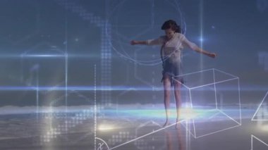 Sörf yapan kadın altıgen desenlere sebep oluyor ve teknolojik demo için sıçrama hareketlerini takip ediyor. Gelecekçi, yenilikçi, teknoloji, hareket, dijital, hareket, sanatsal