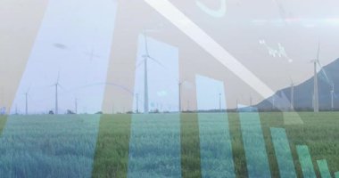 Rüzgar türbinlerinin üzerinde kaybolan veriler, izleme için dalgalanan grafiği güncelleyen büyüyen etiketleri tetikler. Sürdürülebilirlik, yenilenebilirlik, teknoloji, görselleştirme, manzara, bilgi, çevre dostu