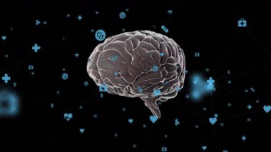 Gri 3D beynin saat yönünde döndüğünü gösteren animasyon, aktifleşmeyi gösteren mavi simgeler şeklinde. Sinirsel, bağlantı, simülasyon, yenilik, sağlık, teknoloji, dijital