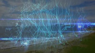 Plajdan çıkan soluk mavi iplikler yukarı doğru sürükleniyor ve enerji perdesi oluşturmak için titreşiyor. Soyut, atmosferik, fütüristik, ruhani, dinamik, çevresel, teknoloji