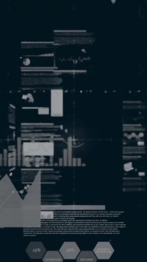 Altıgen animasyonu birden fazla grafik üzerinde ve siyah arkaplana karşı ticaret tahtası. Dijital olarak üretilmiş, hologram, illüstrasyon, rapor, iş, şekil ve borsa kavramı.