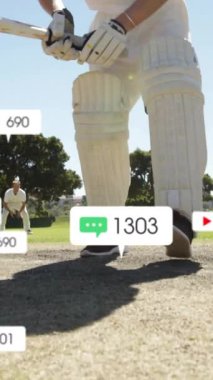 Kafkas erkek kriket oyuncusunun güneşte vuruşuyla ilgili sosyal medya bildirimleri. Sosyal ağ, spor, rekabet, dijital arayüz ve iletişim, dijital olarak oluşturulmuş video.