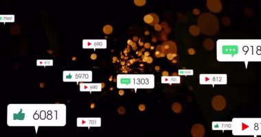 Altın kıvılcım yayılan rozetler, patlayan, artan, yörüngedeki çekirdek çarpışma ölçümleri gösteriyor. Dijital, soyut, enerjik, dinamik, geleceksel, veri, teknoloji