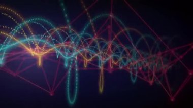 Kırmızı ağ, deniz mavisi ve altın halkalarla ortaya çıkıyor ağ boyunca dokuyor ve veri akışını gösteriyor. Fütürist, dijital, soyut, enerjik, birbirine bağlı, dinamik, teknolojik