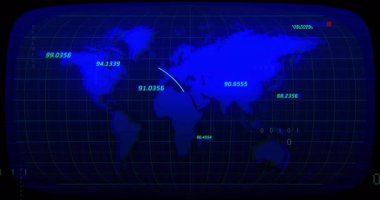 Haritanın açılışındaki sayısal etiketler azalıyor, kavisler canlandırılıyor ve kodlar küresel akışı görselleştiriyor. Coğrafi, veri görselleştirme, dijital arayüz, teknolojik, analitik, ağ, siber