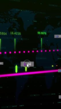 Siyah arkaplan üzerinde grafikler ve harita olan bilgilendirme çubuklarının canlandırılması. Dijital olarak üretilen hologram, illüstrasyon, rapor, iş dünyası, küresel, sosyal medya anımsatıcı ve teknoloji kavramı.